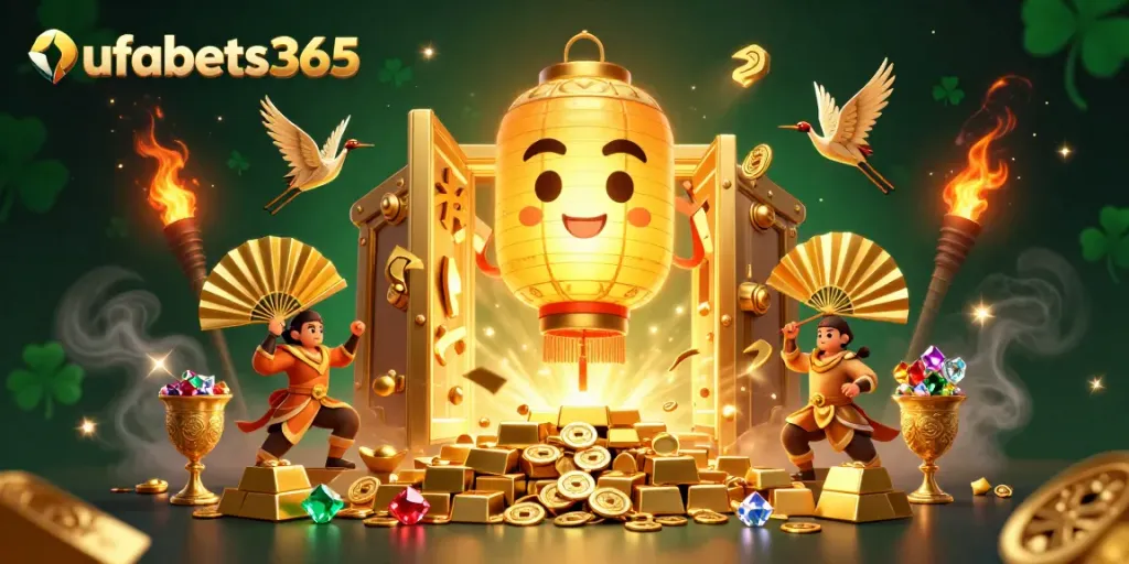 Play exciting games at ufabets365 featuring a glowing golden lantern spirit, warriors, and treasures.