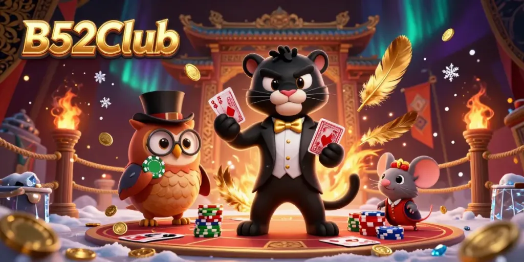 Experience thrilling gameplay at B52Club with a stylish black panther dealing cards amidst vibrant casino elements.
