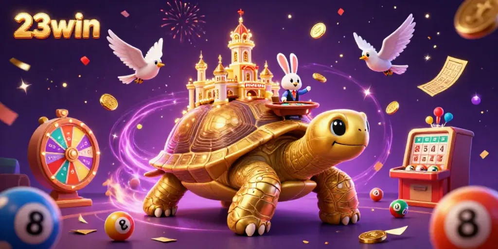 Experience thrilling fun at 23win casino with a dazzling golden tortoise and a rabbit dealer amidst vibrant games.