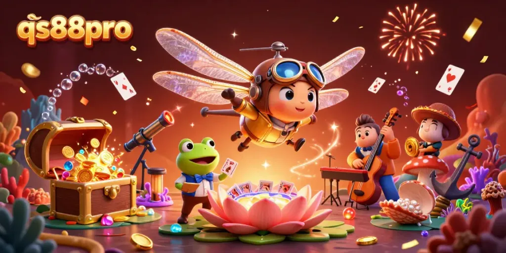 Experience the thrill of qs88pro with a cartoon dragonfly pilot and lively casino scene.