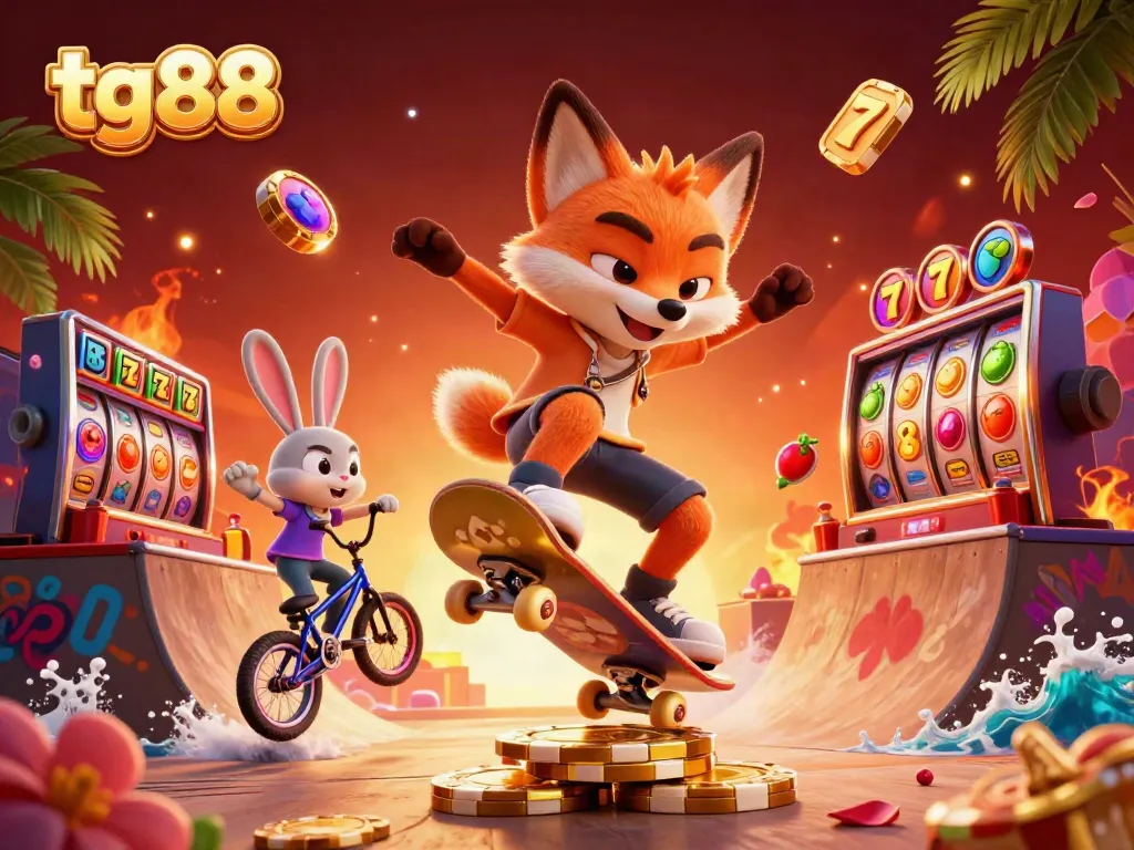 Experience thrilling gaming with tg88's vibrant fox and rabbit in a dynamic casino scene.