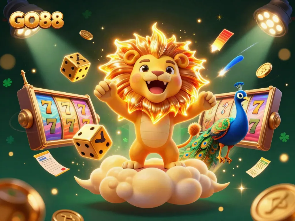 Experience the thrill of gaming at GO88 with a lively 3D casino illustration showcasing vibrant slot elements and dynamic characters.