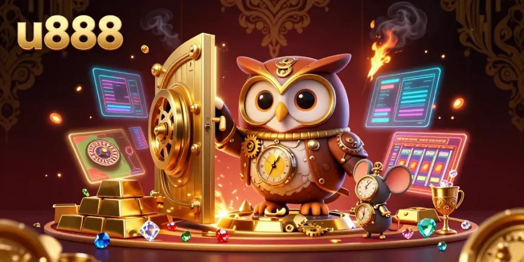 Experience thrilling action with u888, featuring a steampunk owl and dazzling casino treasures.