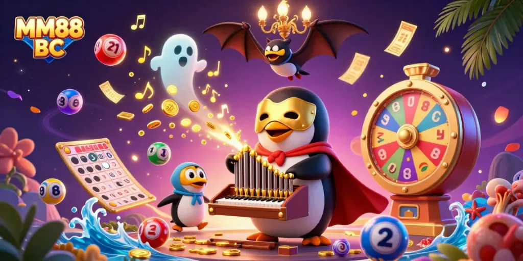 Experience thrilling gameplay at MM88 BC with vibrant lottery balls and a whimsical penguin organist.