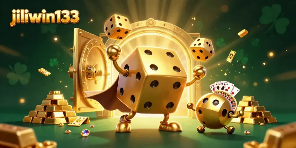Experience the thrill of jiliwin133 with golden dice golem and sparkling casino treasures in a vivid 3D illustration.