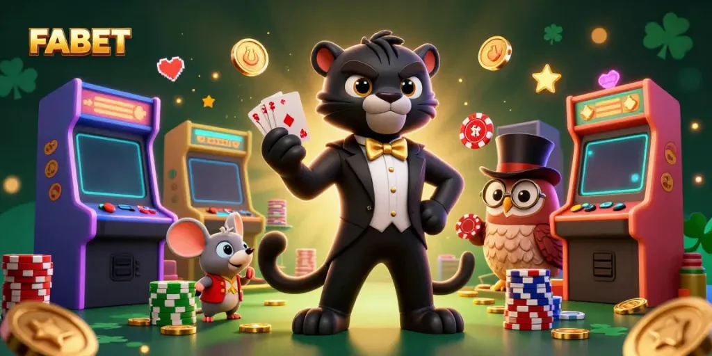 Experience FABET with a stylish panther dealer and charming characters amid vibrant casino elements.