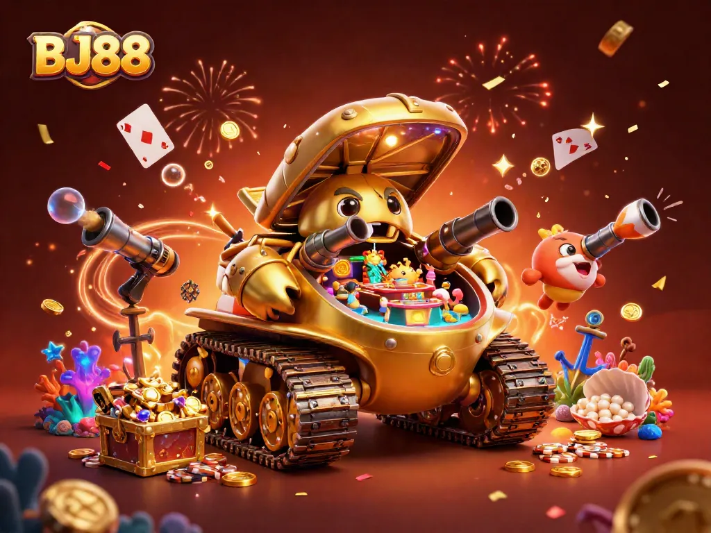 Experience thrilling excitement at BJ88 with vibrant casino visuals including games and prizes.