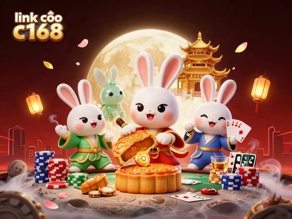 Experience the lunar-themed excitement of link vào c168 with a whimsical 3D illustration of a moon rabbit and casino elements.