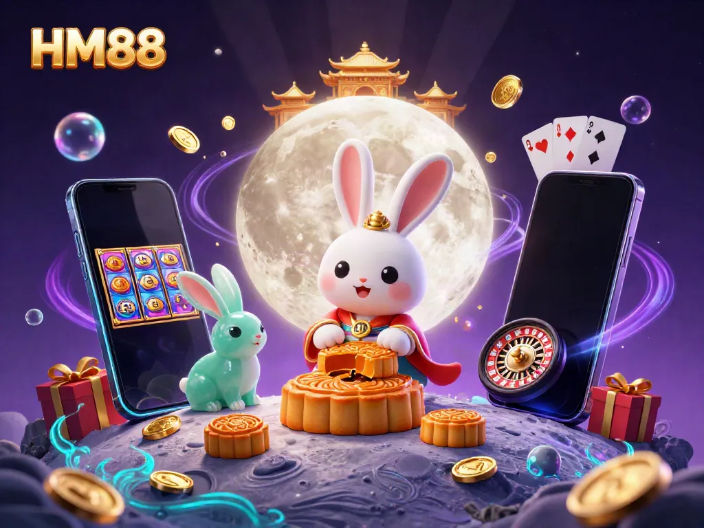 Experience the thrill of winning at HM88 with a lunar rabbit pounding mooncakes filled with poker chips surrounded by casino elements.
