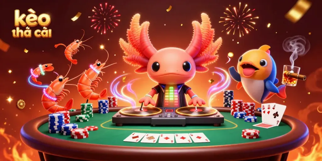 Experience the thrill of kèo nhà cái with vibrant 3D axolotl DJ, animated shrimp, and poker scene.