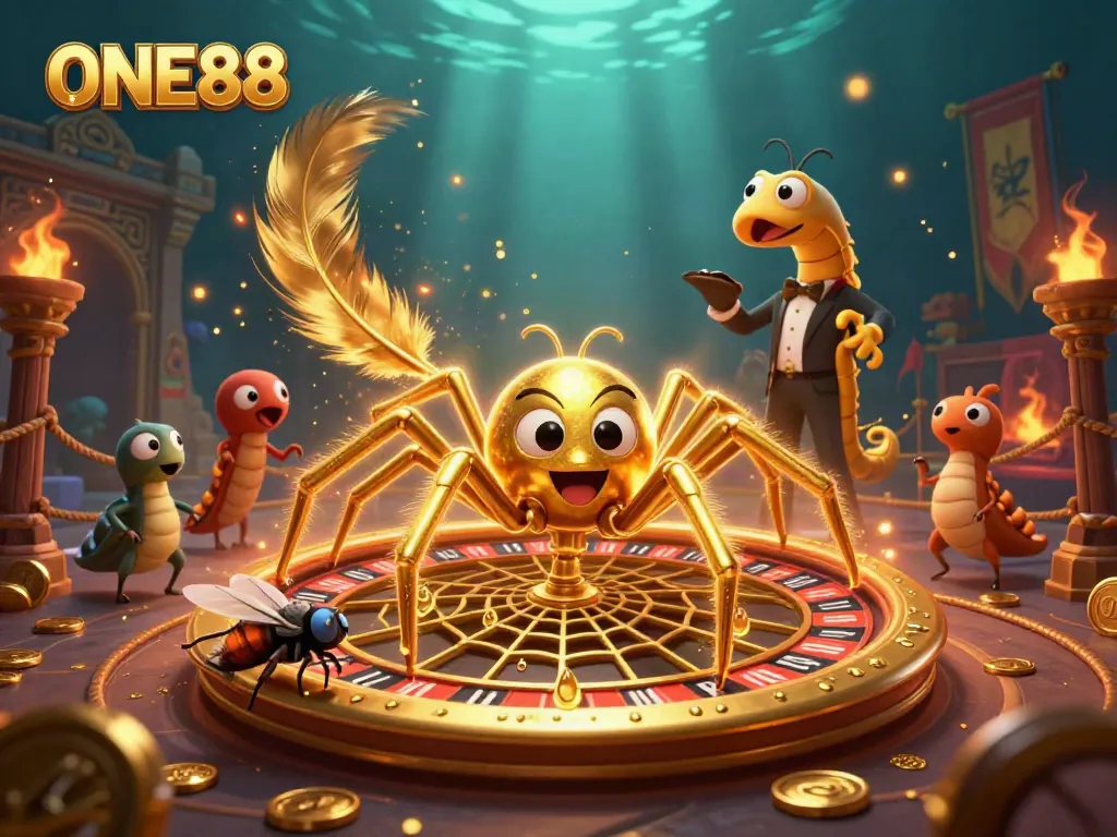 Experience thrilling bets at ONE88 with a golden spider and centipede croupier in a dynamic casino scene.