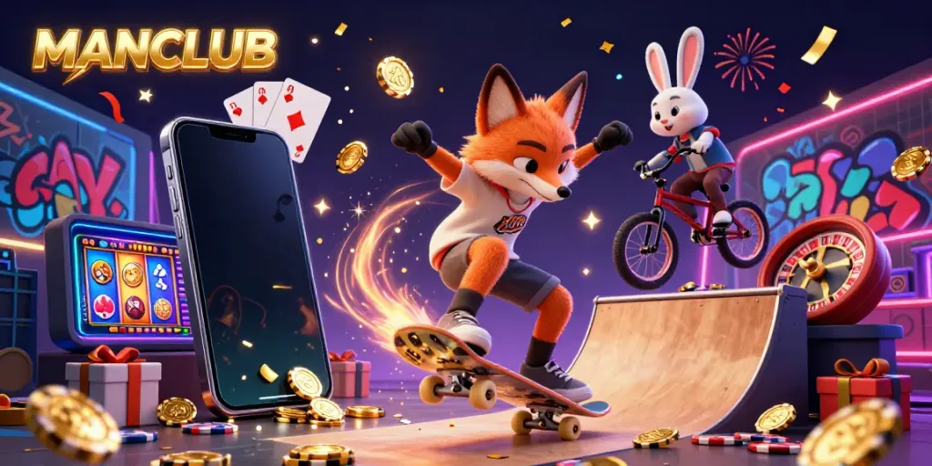 Experience thrilling casino excitement with MANCLUB at the heart of this dynamic skateboard-themed illustration.