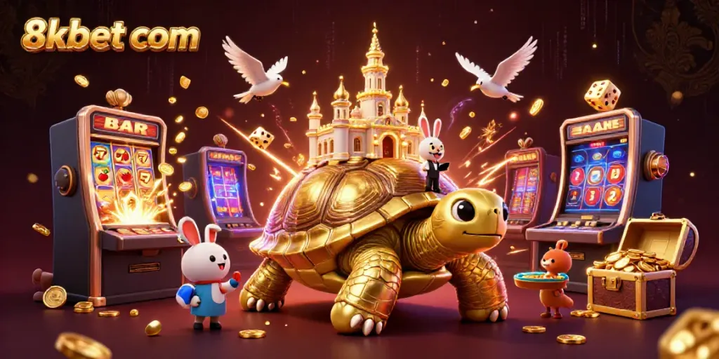 Experience thrilling gameplay at 8xbet com with a stunning 3D illustration showcasing colorful casino elements.