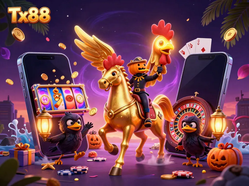 Engage with exciting Tx88 casino games amidst colorful slot reels, glowing coins, and cheerful characters.