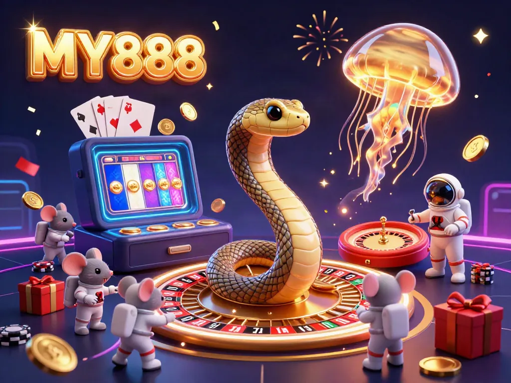 Engaging illustration of MY888 with a Saturn ring snake as a roulette wheel, astronaut mice betting, and lively casino elements.
