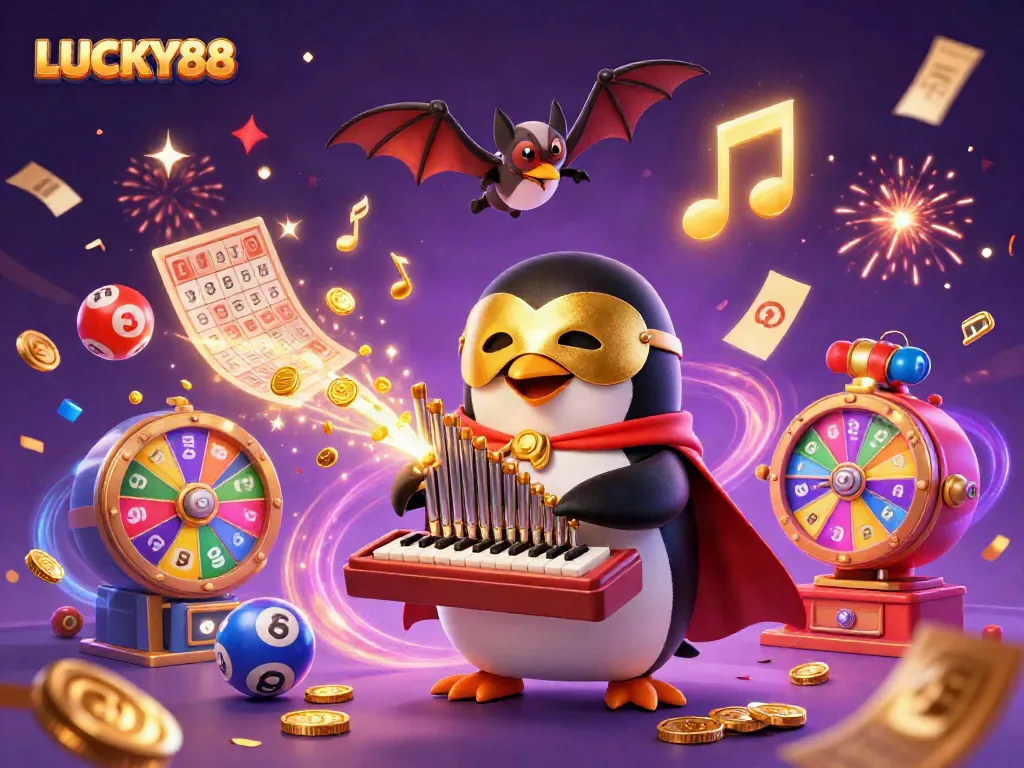 Experience the excitement of LUCKY88 with a captivating casino-themed illustration featuring a phantom penguin.