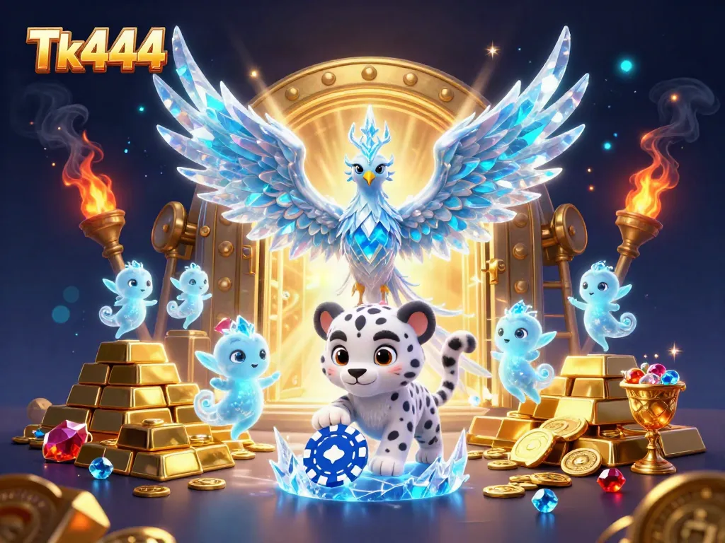 Tk444 offers thrilling gaming adventures with an ice phoenix and lively sprites surrounded by treasures.
