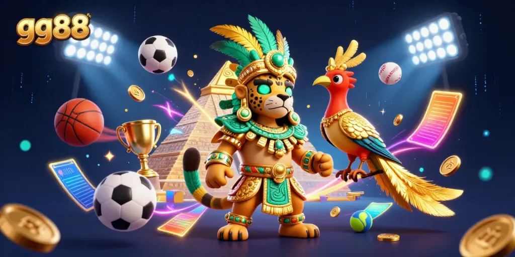 Engage with the vibrant gg88 gaming scene featuring a Mayan jaguar priest and dynamic sports elements.