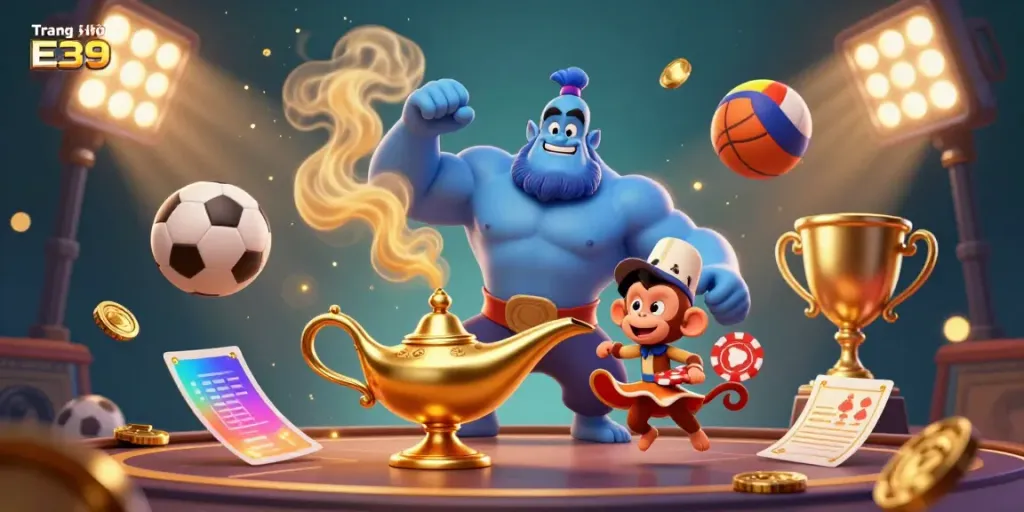 Engage in thrilling gaming adventures with Trang Chủ E39, showcasing a dynamic casino scene with vibrant characters and elements.
