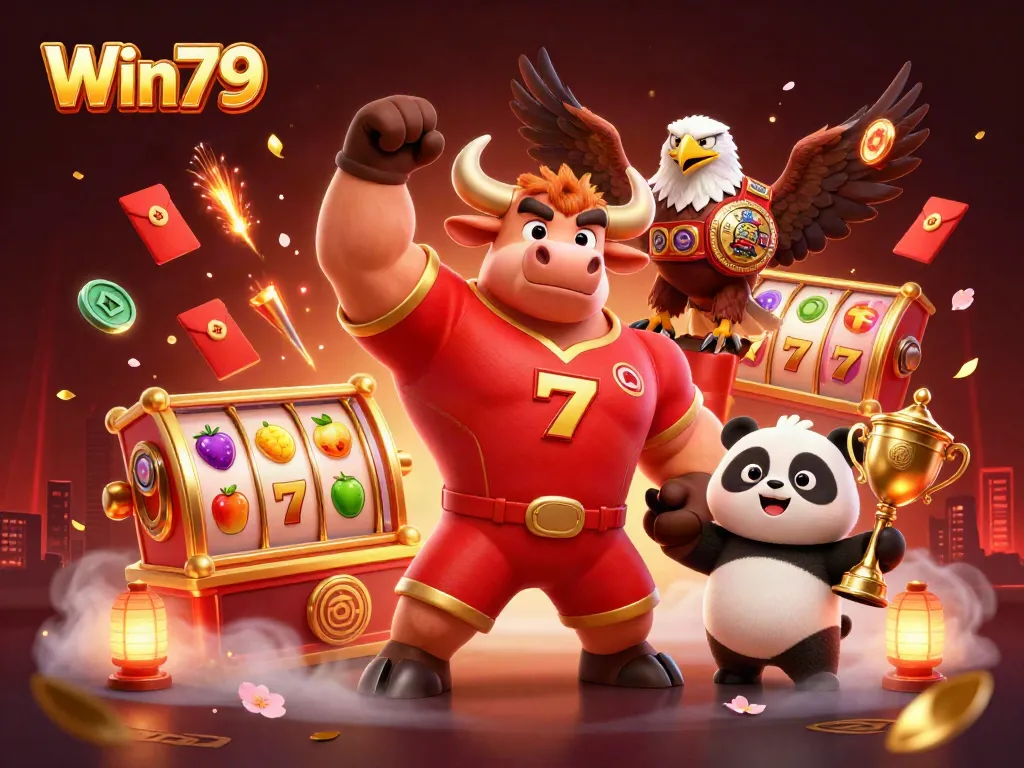 Engage with Win79's dynamic gaming scene featuring a victorious bull mascot, eagle, and panda celebrating with slot reels.